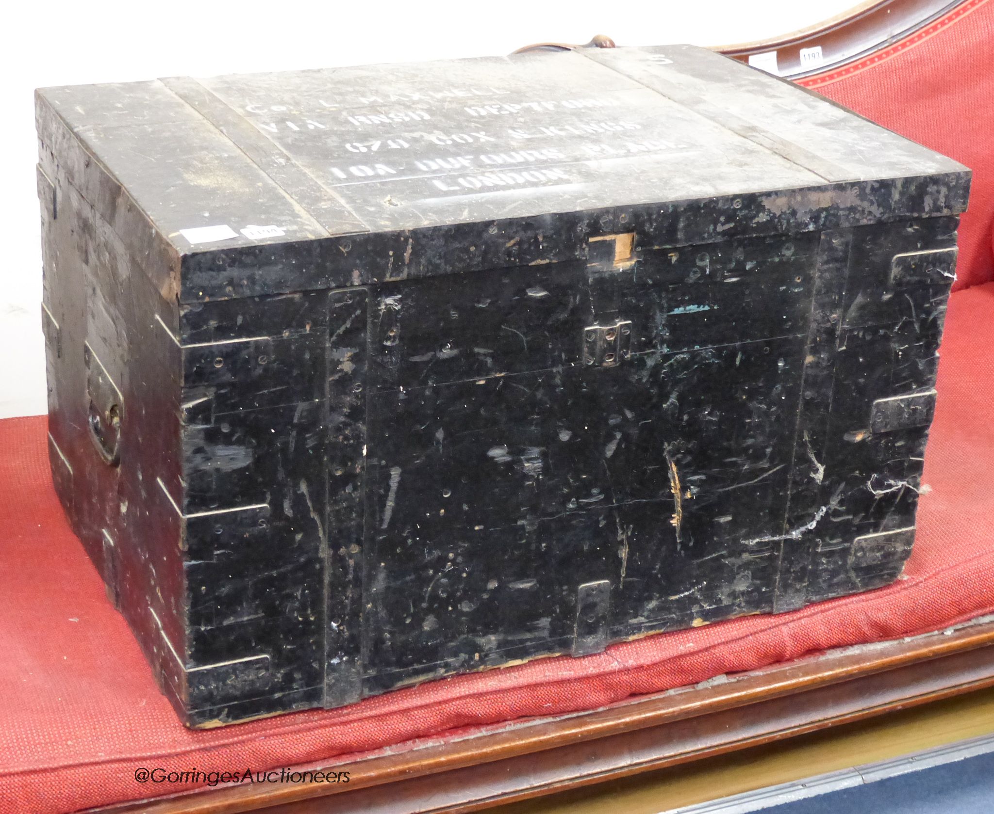 A Victorian iron bound pine trunk. Marked Col. Maxwell. W-78, D-52, H-45cm.